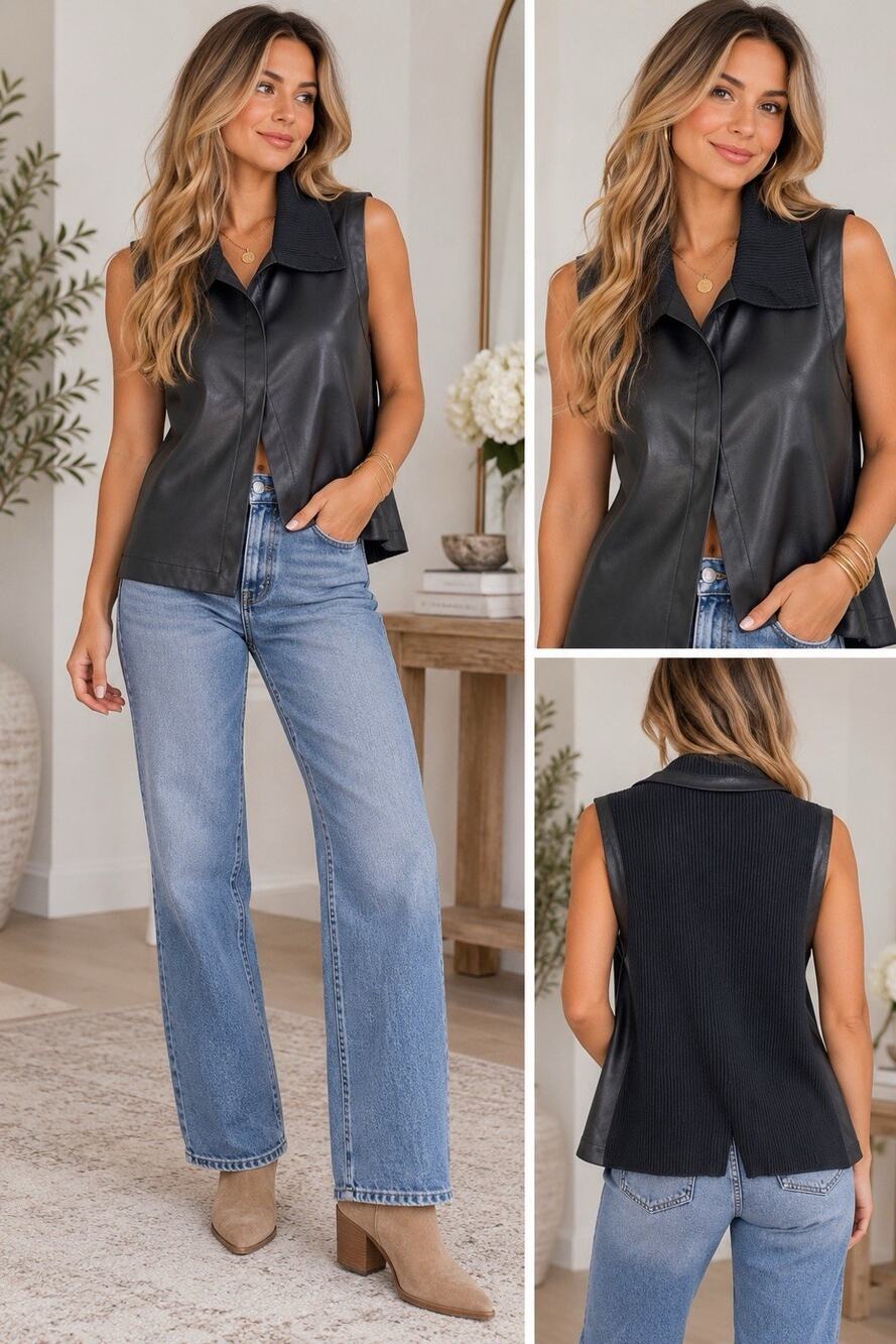 Joseph Ribkoff Women’s Black Faux Leather Front Knit Back Collared Vest 10